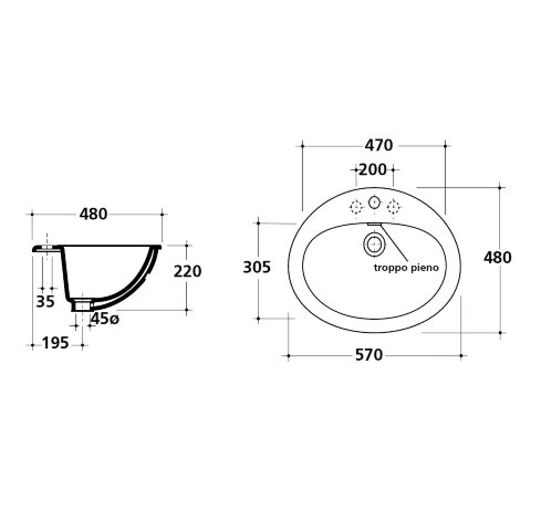 Раковина GALASSIA Eloise 6000 встраиваемая сверху с одним отверстием цвет белый глянцевый